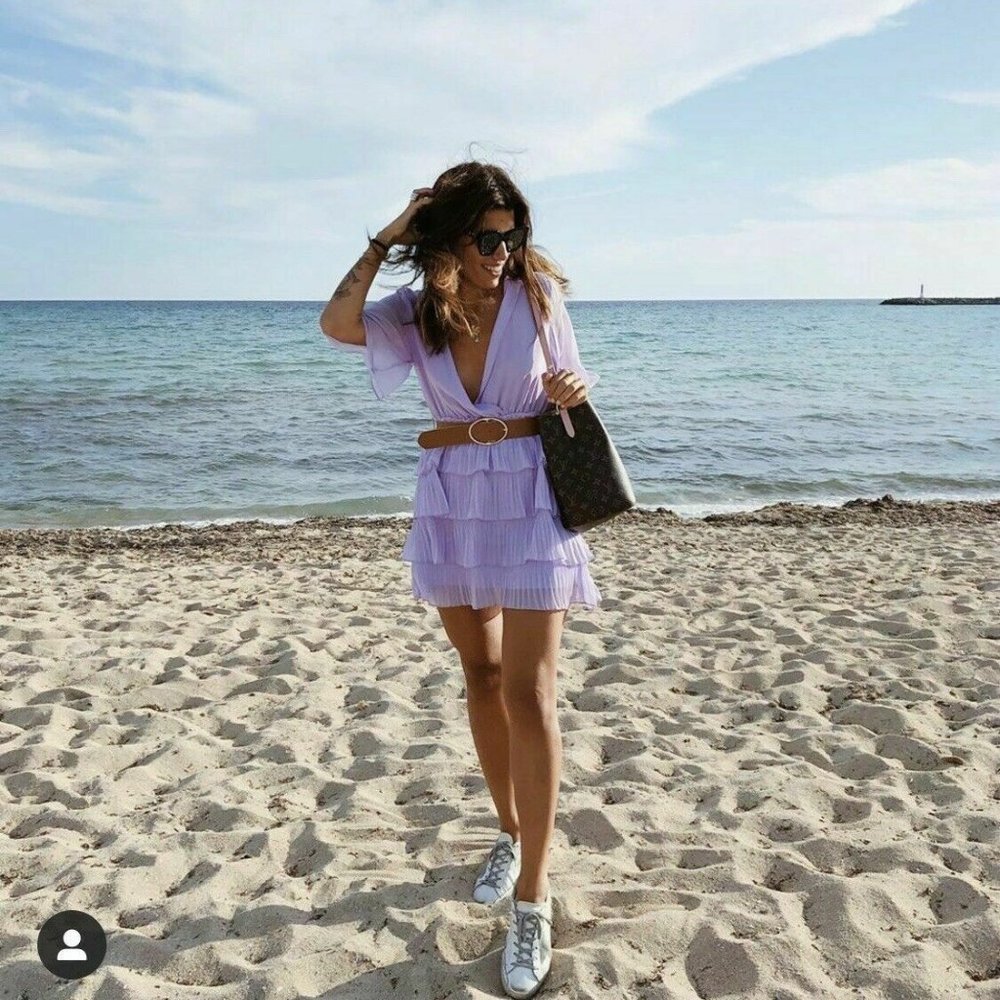 🍀 ZARA PLEATED RUFFLED LILAC DRESS WITH BELT_3